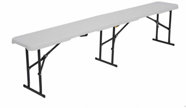 Kokkupandav pink 183 cm rent – TRrent Valge plastpink metallraamiga, kokkupandav Pink üritustele ja pidudele rentimiseks TRrent kokkupandav pink 183 cm, mahutab 3–4 inimest