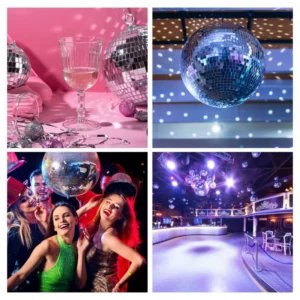 Peegelpall Ø 50 cm riputatuna peoruumi laes Diskopall 50 cm valguse käes helklemas TRrent rendivalikus olev suur peegelpall 50 cm peegelpall pulma- või peokaunistusena Peegelpalli lähiplaan, mis peegeldab valgusemustreid