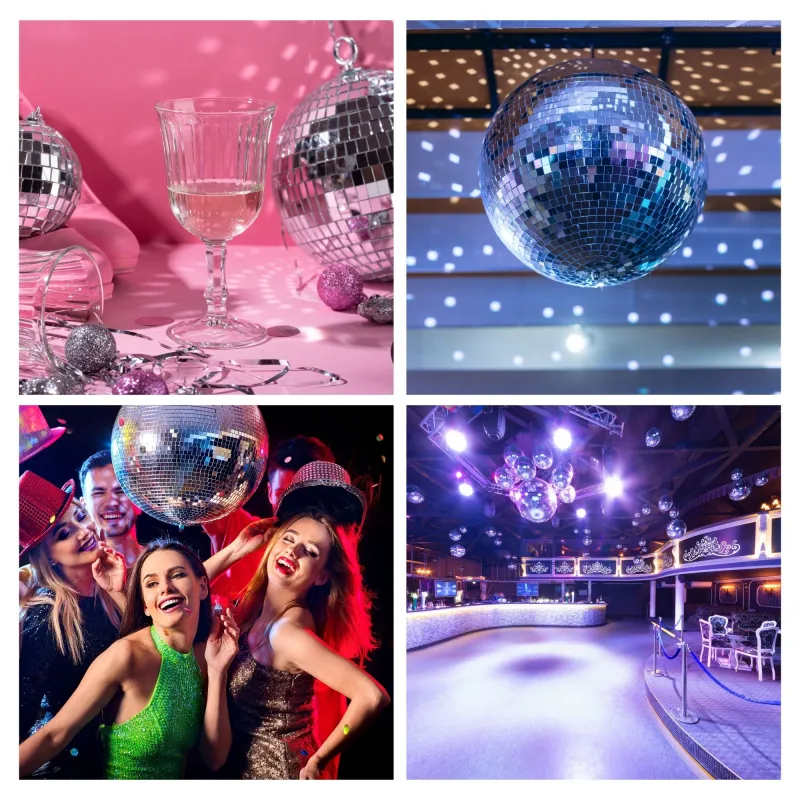 Peegelpall Ø 50 cm riputatuna peoruumi laes Diskopall 50 cm valguse käes helklemas TRrent rendivalikus olev suur peegelpall 50 cm peegelpall pulma- või peokaunistusena Peegelpalli lähiplaan, mis peegeldab valgusemustreid