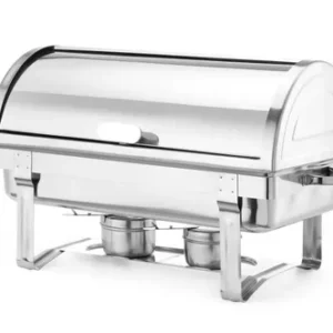 Marmiit rullkaas GN1/1 9L peolaual Roostevabast terasest marmiit rullkaanega avatud asendis Elegantne marmiit buffet- ja banketilauale Marmiit GN1/1 rullkaas kasutusel üritusel TRrent marmiit rullkaas 9L rendivalikus